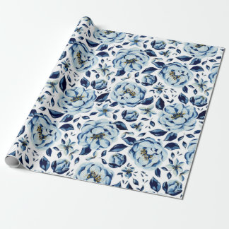Papel De Presente Padrão de Flor de Peônia Azul Aquarela
