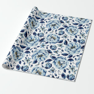 Papel De Presente Padrão de Flor de Peônias Azul-Cria