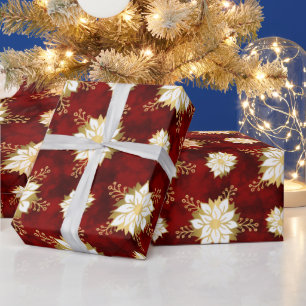 Papel De Presente Padrão de Flor de Poinsettia Branca Dourada Elegan