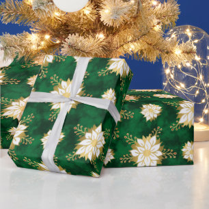 Papel De Presente Padrão de Flor de Poinsettia Verde Dourada Elegan