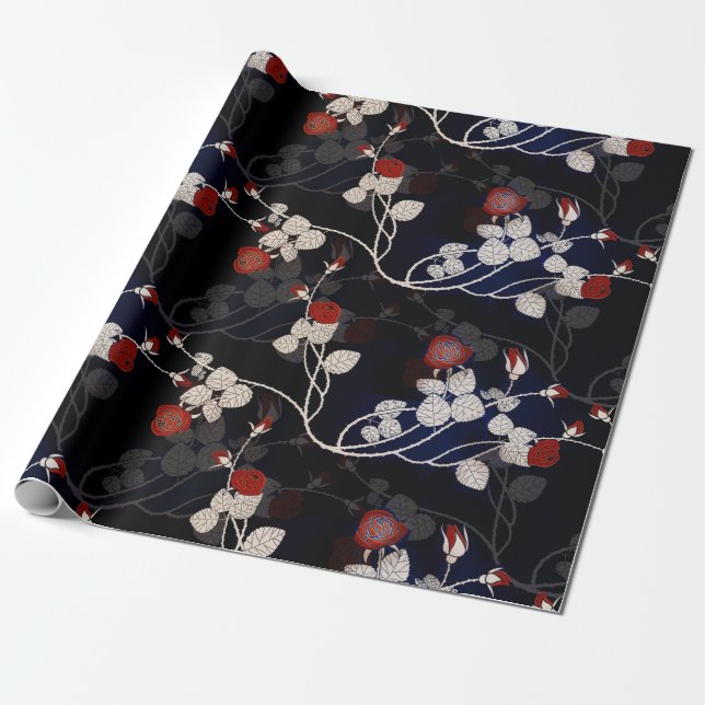 Papel De Presente Padrão de Flor de Rosa vermelha Elegante Preto (Desenrolado)