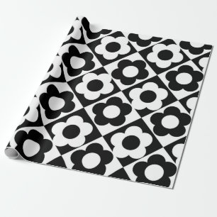 Papel De Presente Padrão de Flor de Xadrez de Diamante Preto e Branc