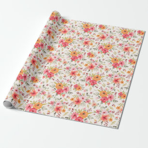 Papel De Presente Padrão de Flor do Jardim de Portos Laranja