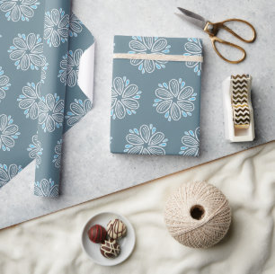 Papel De Presente Padrão de Flor em azul e branco