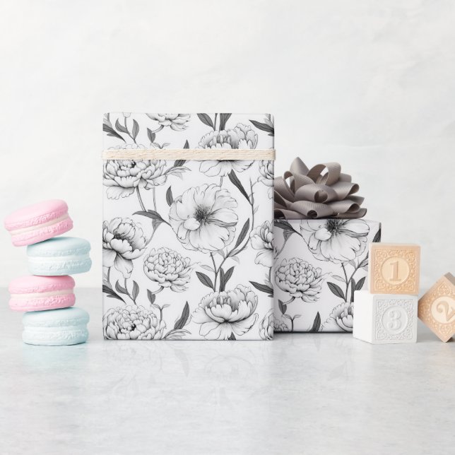 Papel De Presente Padrão de Flor Monocromático de Peônias (Chá de bebê)