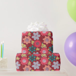 Papel De Presente Padrão de flor multicolorido com fundo vermelho