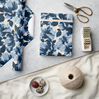 Papel De Presente padrão de flor pictórica azul e marinho
