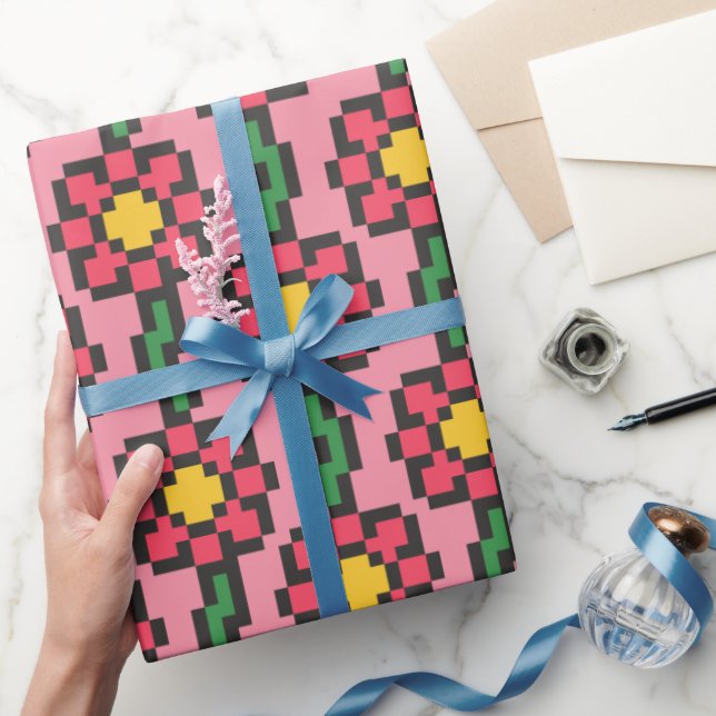 Papel De Presente Padrão de Flor Pixel de 8 Bits (Presentear)
