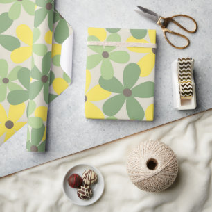 Papel De Presente Padrão de Flor Retro Y2K Verde Amarelo dos Anos 70