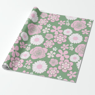 Papel De Presente Padrão de Flor Retro Y2K Verde Rosa Branco dos Ano