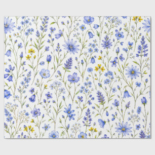 Papel De Presente Padrão de Flor Silvestre Aquarela Azul Amarelo Ver
