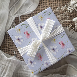 Papel De Presente Padrão de Flor Silvestre Aquarela Azul Boho
