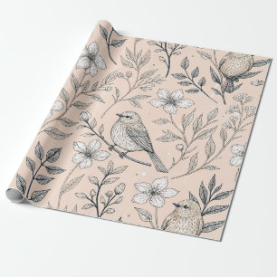 Papel De Presente Padrão de Flor Silvestre Cantora em Pêssego Vintag
