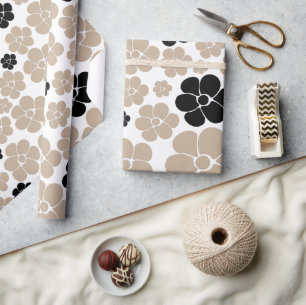 Papel De Presente Padrão de Flor - Taupe, Preto e Branco