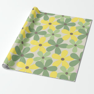 Papel De Presente Padrão de Flor Verde Amarelo Retroativo Y2K 70s