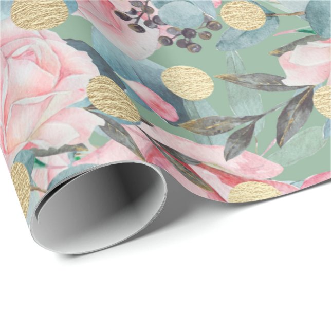 Papel De Presente Padrão de flor vintage com bolinhas douradas e ros (Ponta do rolo)