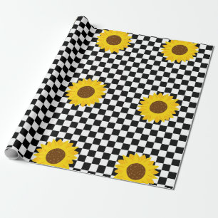 Papel De Presente Padrão de Flor Xadrez de Girassol Preto e Branco