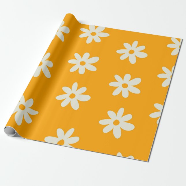 Papel De Presente Padrão de Flor Y2K Retro Branco Amarelo (Desenrolado)