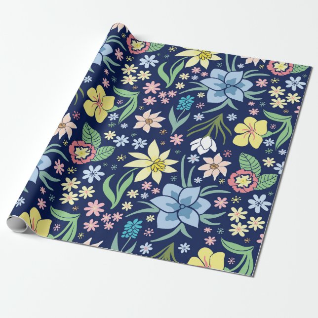 Papel De Presente Padrão de flores amarelas e azuis (Desenrolado)