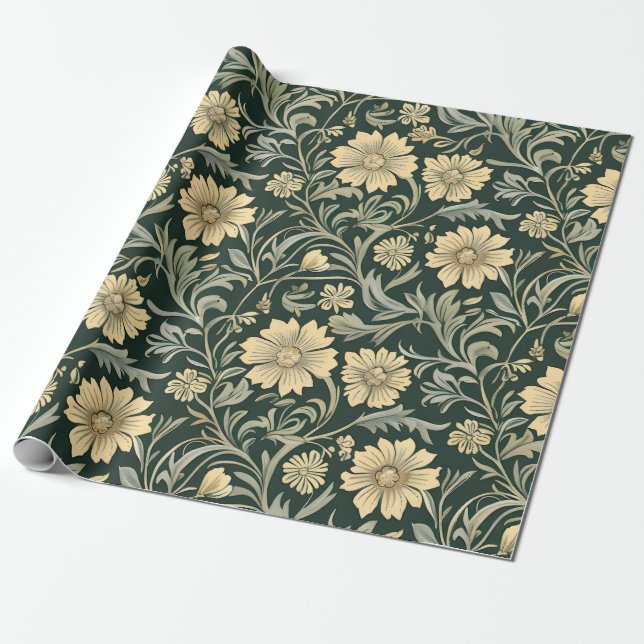 Papel De Presente Padrão de flores amarelas estilizadas em verde esc (Desenrolado)