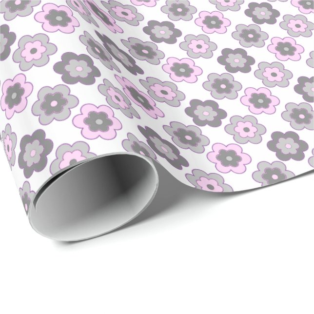 Papel De Presente Padrão de Flores Bolha Retro (Rosa e Cinza) (Ponta do rolo)