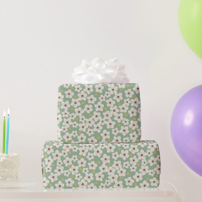 Papel De Presente Padrão de Flores Brancas e Fofas de Primavera em V (Presentes para festas)