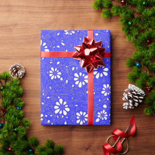 Papel De Presente Padrão de flores clássicas azul branco fofo