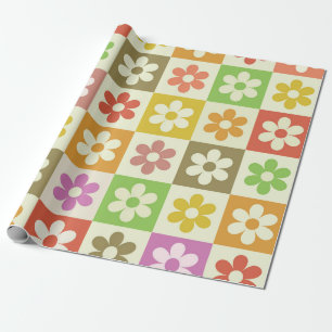 Papel De Presente Padrão de Flores Coloridas Xadrez Retrô