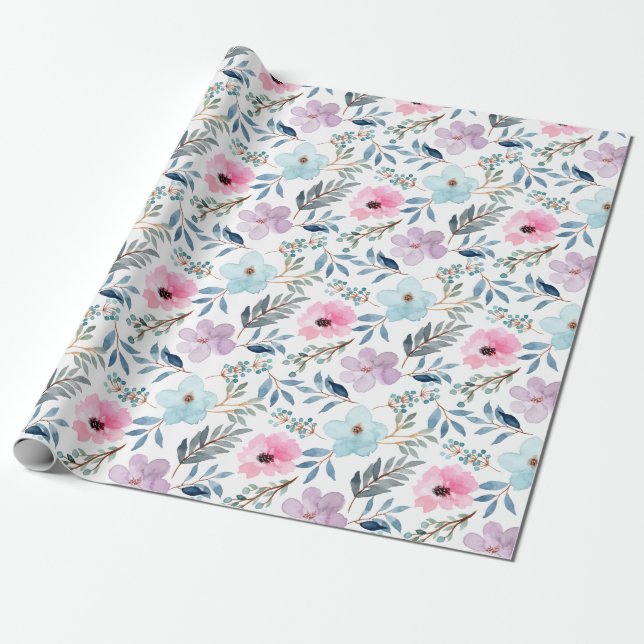 Papel De Presente Padrão de Flores de Aquarela Azul de Pastel de Ver (Desenrolado)