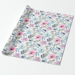 Papel De Presente Padrão de Flores de Aquarela Azul Pastel de Verão