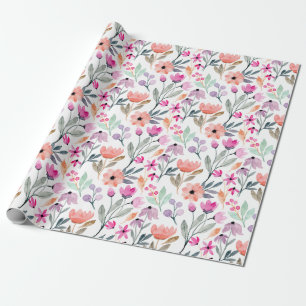 Papel De Presente Padrão de Flores de Cores Aquáticas de Pastel Co