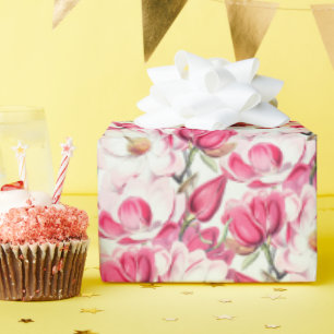 Papel De Presente Padrão de Flores de Magolia Cor-de-Água Rosa