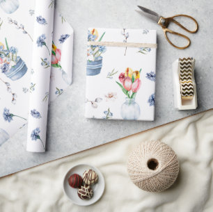 Papel De Presente Padrão de Flores de Mola Aquática de Boho