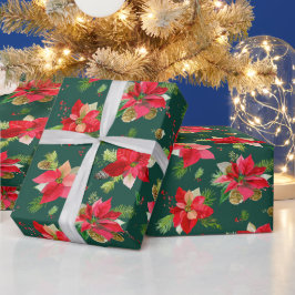 Papel De Presente Padrão de Flores de Poinsettia de Natal Vintage Xm