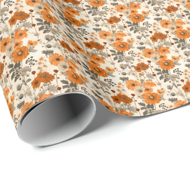 Papel De Presente Padrão de Flores de Queda de Laranja Queimado Russ (Ponta do rolo)