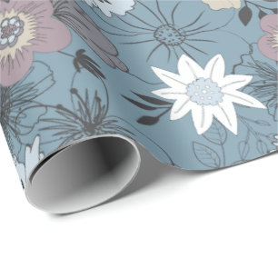 Papel De Presente Padrão de Flores de Rosa Azul-Floral Na moda