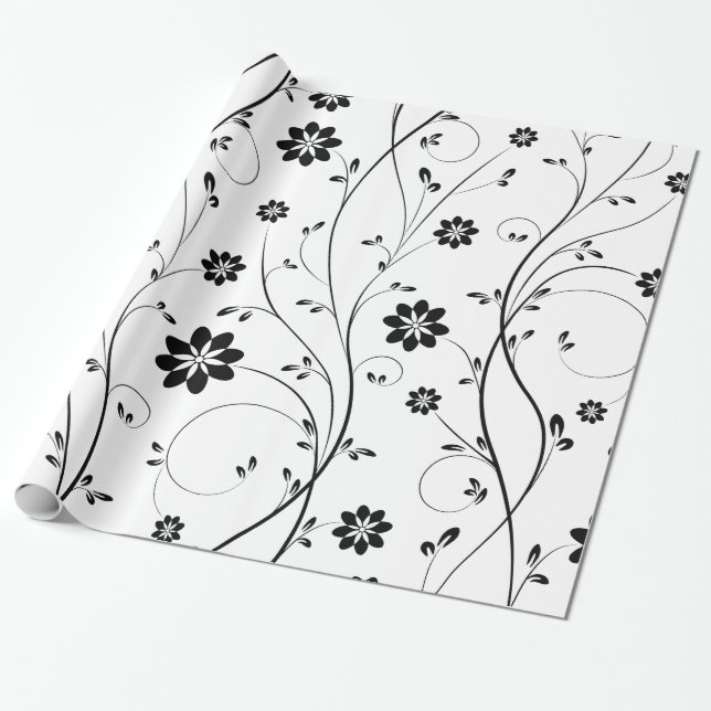 Papel De Presente Padrão de Flores Delicadas Pretas (Desenrolado)