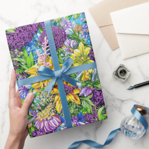 Papel De Presente Padrão de Flores do Jardim Verde Amarelo Lilac