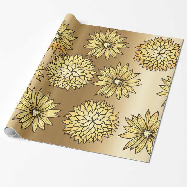 Papel De Presente Padrão de Flores Douradas (Desenrolado)