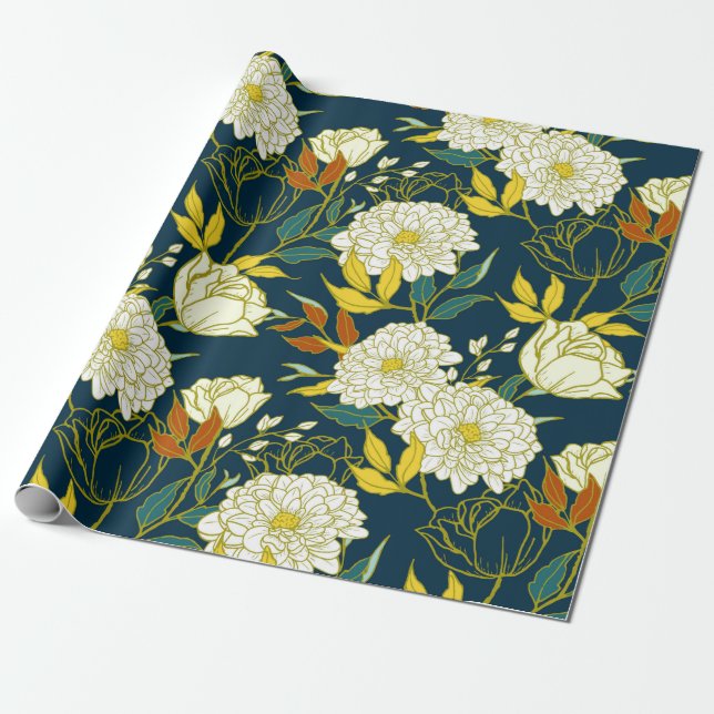 Papel De Presente Padrão de flores e folhas (Desenrolado)