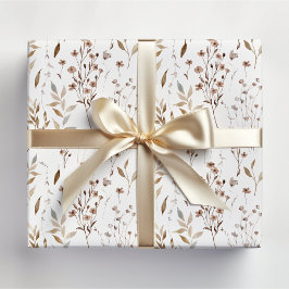 Papel De Presente Padrão de Flores e Folhas Bonitas Castanhas de Inv