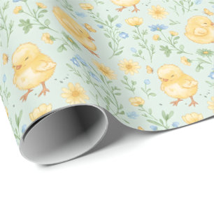Papel De Presente Padrão de Flores e Pintinhos Amarelos Fofos