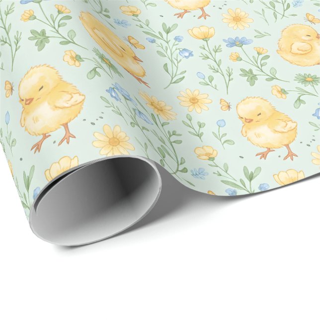 Papel De Presente Padrão de Flores e Pintinhos Amarelos Fofos (Ponta do rolo)