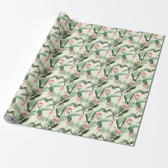 Papel De Presente Padrão de Flores Exóticas Flamingo Rosa (Desenrolado)
