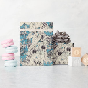 Papel De Presente Padrão de Flores Gráficas Branco Azul