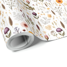 Papel De Presente Padrão de Flores Prensadas Botânicas Boho
