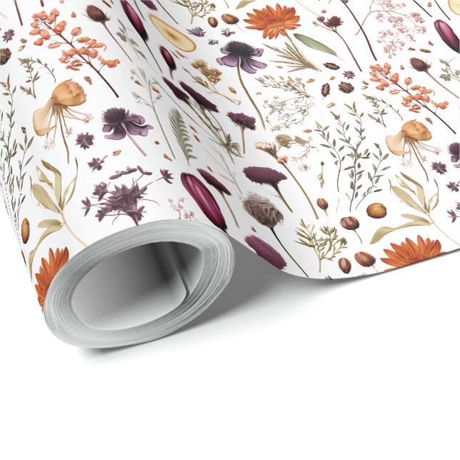 Papel De Presente Padrão de Flores Prensadas Botânicas Boho (Ponta do rolo)