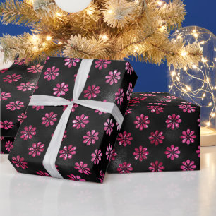 Papel De Presente Padrão de Flores Pretas e Brilho Rosa Quente Elega