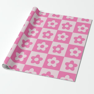 Papel De Presente Padrão de Flores Retro Brancas e Rosa Quente Verif