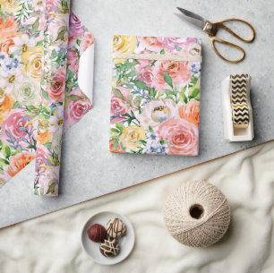 Papel De Presente Padrão de Flores Rosa de Laranja Cor-de-Cor-de-Cor